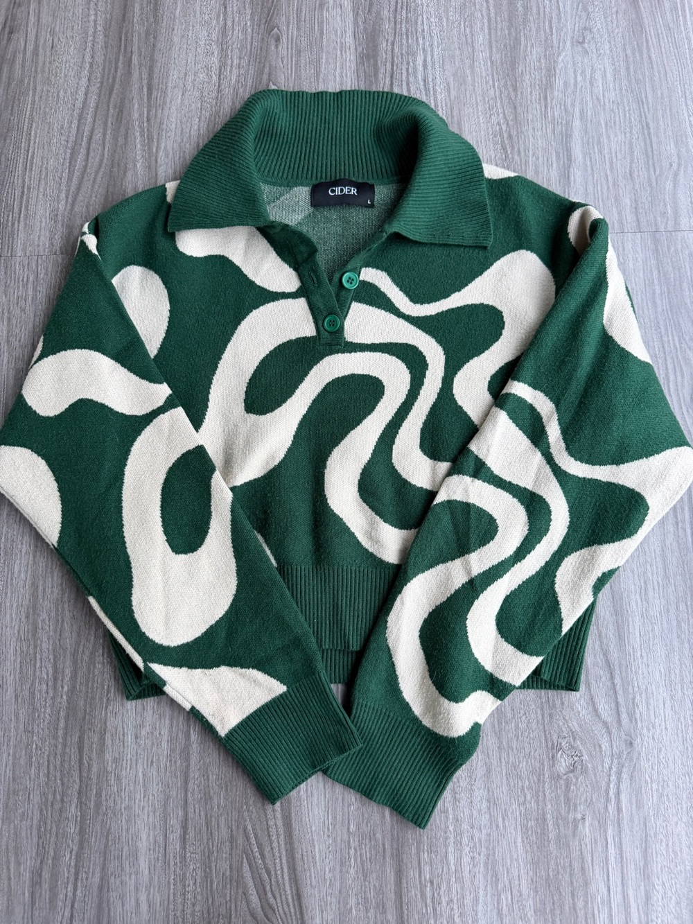 CIDER Green Swirl Abstract Pattern Knit Polo Sweater Collared Long Sleeve LARGE